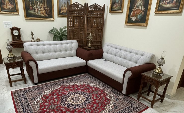 Premium L-Shaped Tufted Fabric & Leatherette Sofa Set (Brown & Grey)